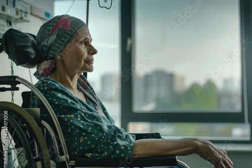 a woman with cancer wearing head scarf sitting in a wheelchair at hospital