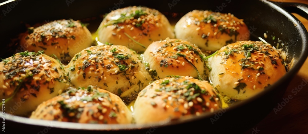 A pan filled with oven-baked garlic buns covered in a generous layer of melted cheese and savory herbs, creating a delicious and satisfying savory snack or side dish. A pan filled with oven-baked garlic buns covered in a generous layer of melted cheese and savory herbs, creating a delicious and satisfying savory snack or side dish.