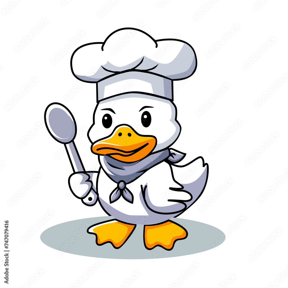 Vector illustration of a duck wearing a chef's hat, his hand holding a spoon in a cartoon and flat style isolated on white background Vector illustration of a duck wearing a chef's hat, his hand holding a spoon in a cartoon and flat style isolated on white background