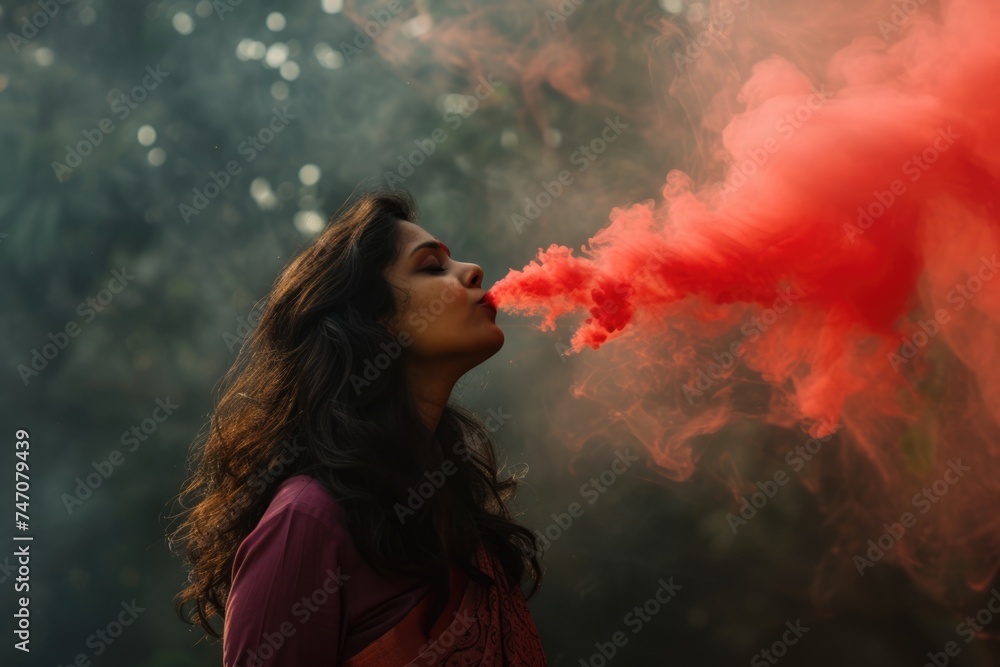 The Art of Conjuring Red Smoke - Captivating Demonstration by a Young Woman. Fictional Character Created By Generated By Generated AI.