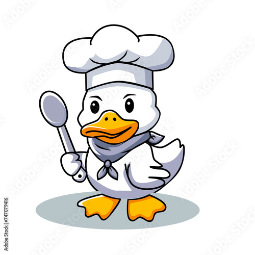Vector illustration of a duck wearing a chef's hat, his hand holding a spoon in a cartoon and flat style isolated on white background