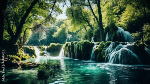 Waterfall cascading into crystal clear pool amidst lush greenery  teeming with life