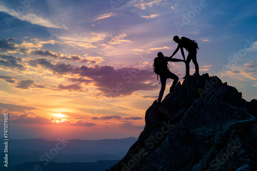 二人の男性が協力して山の登頂に挑んでいる