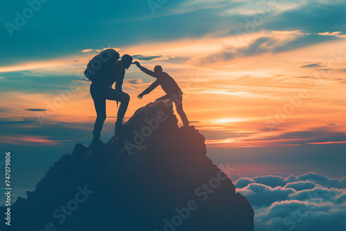 二人の男性が協力して山の登頂に挑んでいる