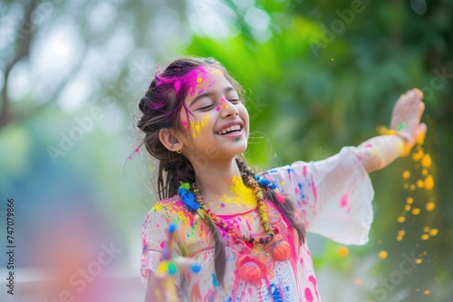 Colorfully Joyful - A Little Girl Enjoys Painting Her Face with Vibrant Colors. Fictional Character Created By Generated By Generated AI.