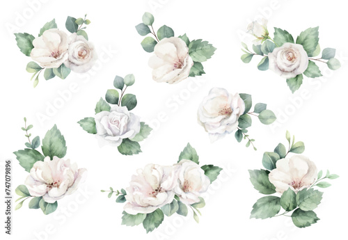 Watercolor vector set of flower bouquets. White roses and eucalyptus branches. Wedding stationary, greetings, fashion, fabric, home decoration. Hand painted illustration.