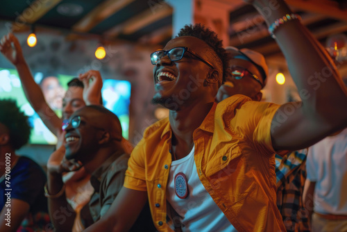 young people cheering while watching sports game in bar