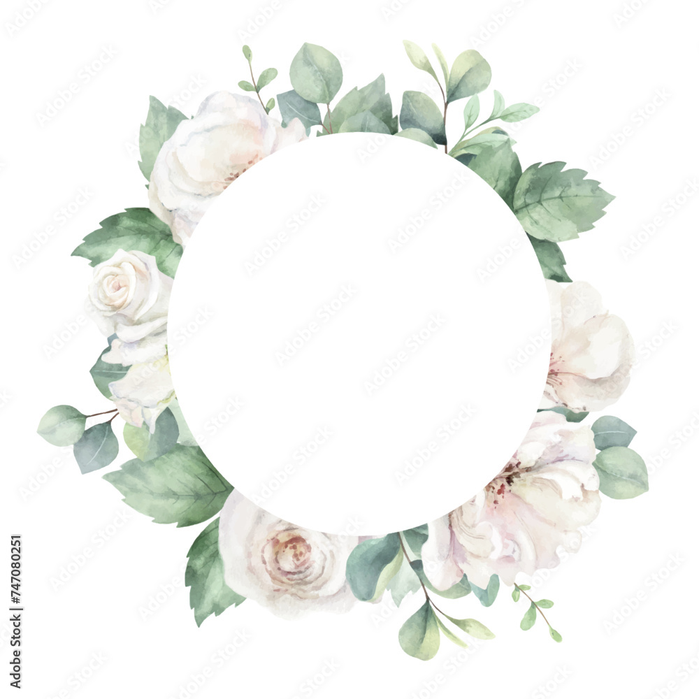 Fototapeta premium White roses and eucalyptus branches. Watercolor vector round floral frame. Wedding stationary, greetings, wallpapers, fabric, home decoration. Hand painted illustration.