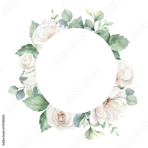 White roses and eucalyptus branches. Watercolor vector round floral frame. We...