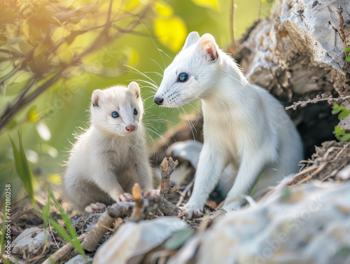 An ermine with its young one on a moss-covered rock in the wild.