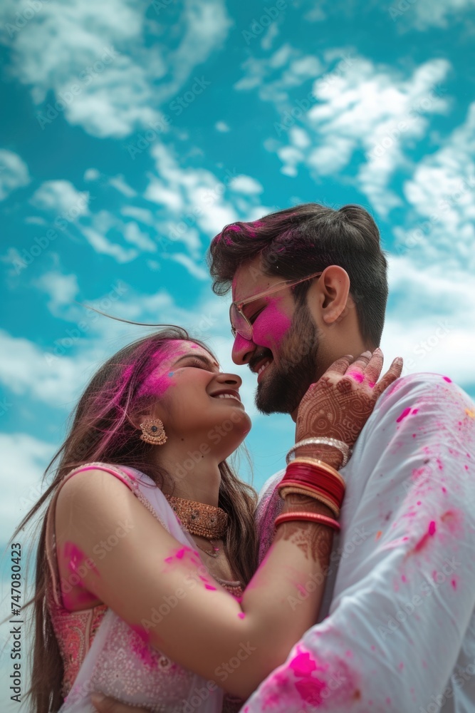 A couple embraces each other under a cloudy blue sky during a colorful event.. Fictional Character Created By Generated By Generated AI.