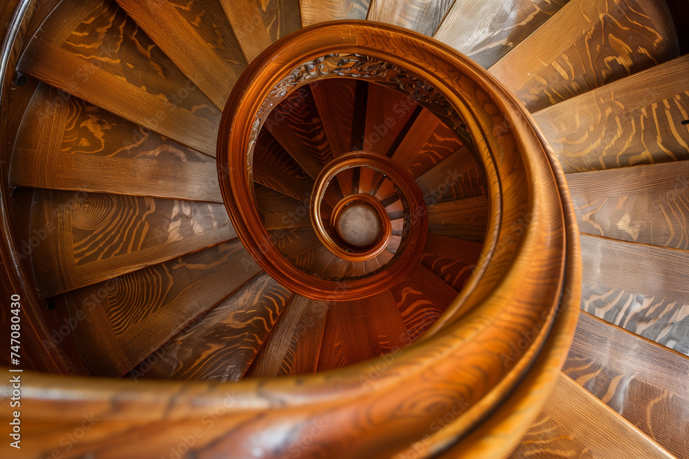 Detail of the wood spiral staircase in the hotel