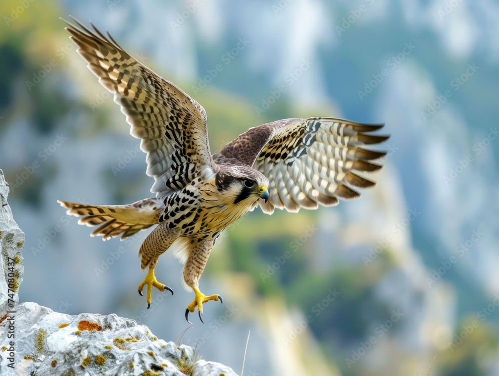 Fototapeta premium A Peregrine falcon perched, wings spread, in a rocky backdrop.