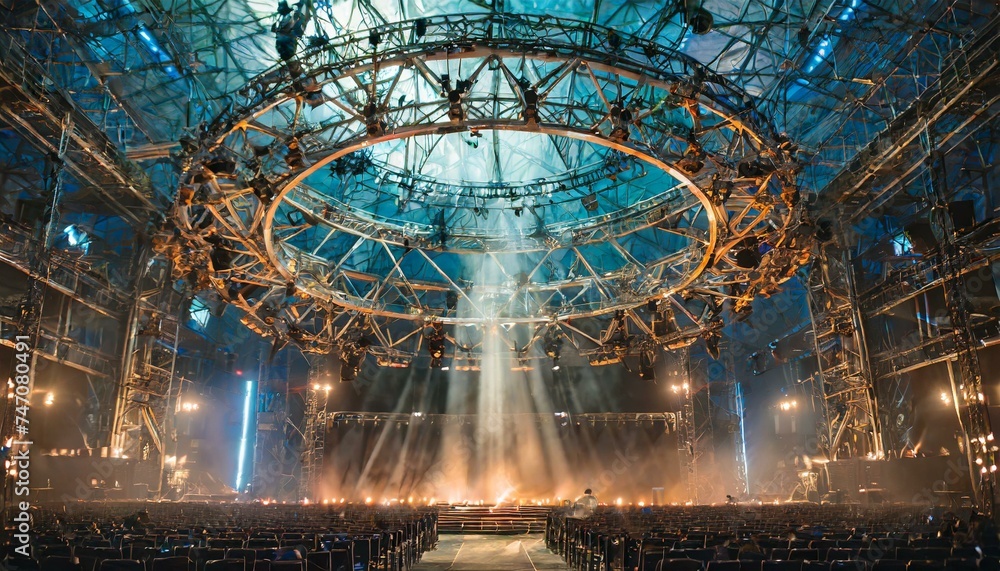 fountain at night, Live stage production with a circular light truss, in a center stage type live venue. AI GENERATE  - obrazy, fototapety, plakaty 