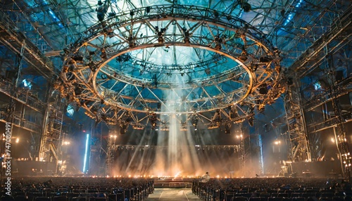 fountain at night, Live stage production with a circular light truss, in a center stage type live venue. AI GENERATE  photo