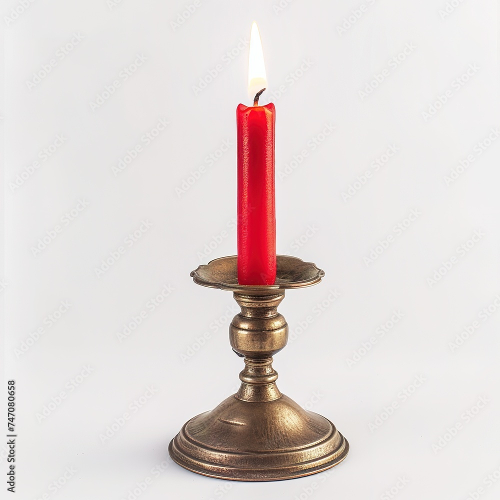 metal candlestick with lit red candle on a white background metal candlestick with lit red candle on a white background