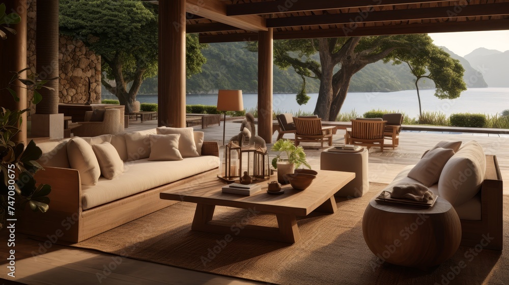 Fototapeta premium Tranquil seaside village amid rugged cliffs and azure waters, perfect retreat from city life