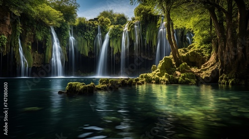 Majestic waterfall cascading down rocky cliff into crystal clear pool surrounded by lush greenery