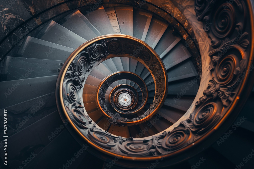 From a bird's-eye view, a spiral staircase ascends upwards in the daylight. The staircase's intricate design creates a mesmerizing pattern. A sense of movement and energy is conveyed