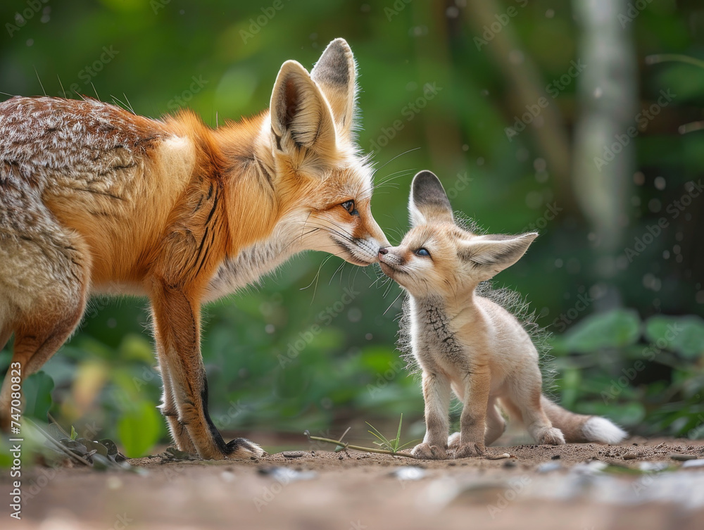 A tender moment as a Fennec fox cuddles with its young, a heartwarming scene of desert life.