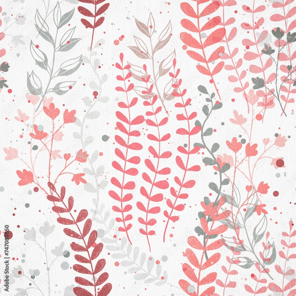 Abstract floral seamless pattern in red and gray colors on a white background. Digital art.
