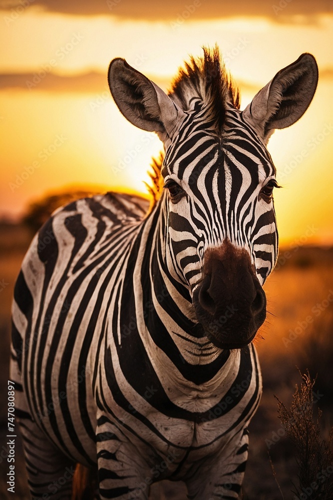 Naklejka premium Zebra standing in the meadow before sunset