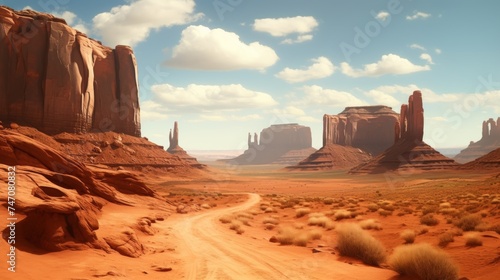 Scenic desert landscape with towering cacti, red rock formations, and sand dunes