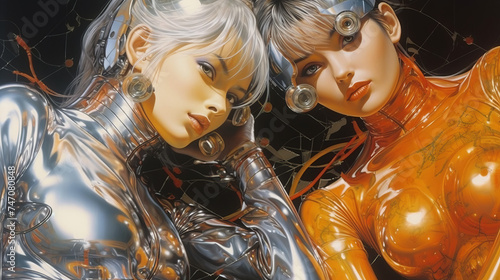 Futuristic fantasy art. Modern erotic art. Two women together with futuristic outfits and sun visors, erotic fantasy art style.