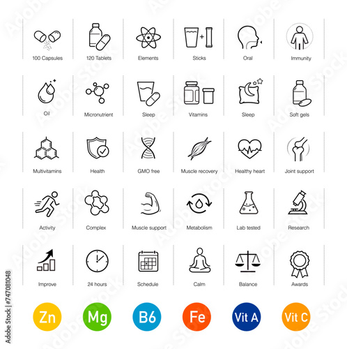 Vitality icon set for healthy lifestyle, human-improving products.The outline icons are well scalable and editable. Contrasting elements are good for different backgrounds. EPS10.