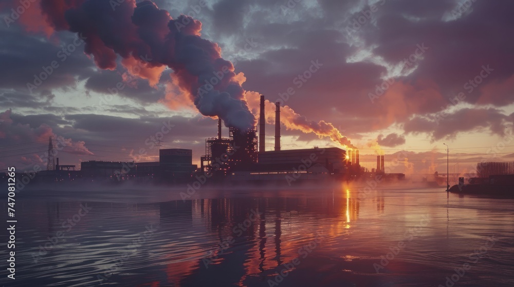 Early light reveals a factory with steam, embodying ceaseless production against the dawn sky.
