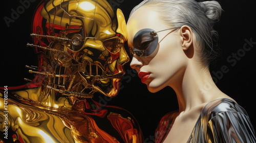Futuristic fantasy art. Modern erotic art. Two women together with futuristic outfits and sun visors, erotic fantasy art style.