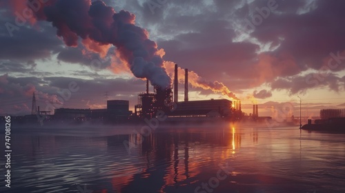 Early light reveals a factory with steam, embodying ceaseless production against the dawn sky.