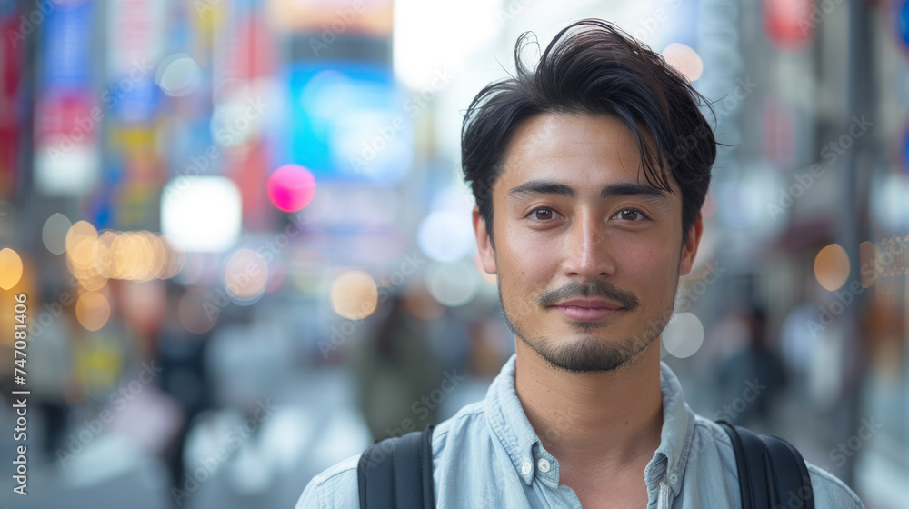 Portrait of a young man with a subtle smile, featuring a blurred city background with lights. He has a casual style, donning a shirt, and carries a backpack over one shoulder. Portrait of a young man with a subtle smile, featuring a blurred city background with lights. He has a casual style, donning a shirt, and carries a backpack over one shoulder.