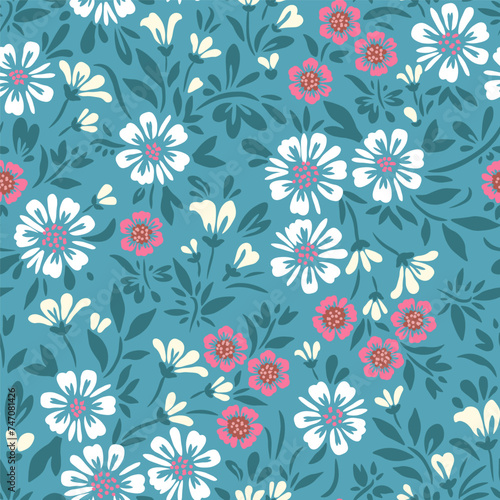 Floral pattern of white, pink and light yellow flowers and green leaves on a dark turquoise background.