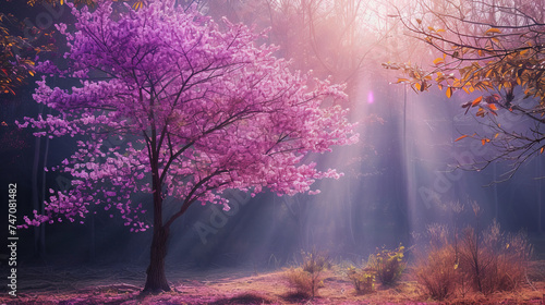 The purple trees create an enchanting scene, blocking out the sun's rays in a side view, captured with soft focus photography. A diagrammatic portrait in 64K hyper quality. AI generative © supaporn