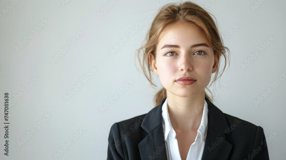 Young professional woman with a neutral expression wearing a black blazer and white shirt against a light background. Young professional woman with a neutral expression wearing a black blazer and white shirt against a light background.