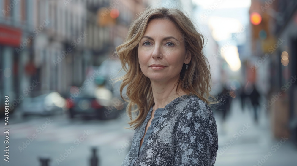 A portrait of a confident woman with wavy hair, wearing earrings and a patterned top, stands on a city street with buildings and soft-focus lights in the background.