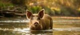 A pig, a herbivorous mammal, is standing in the water, gazing directly at the camera. The pigs body is partially submerged in the water as it observes the surroundings with curiosity and attentiveness