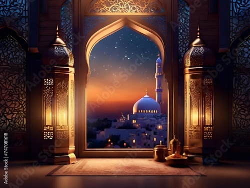 AI-generated illustration of a view of a mosque from a window in the afternoon in a Ramadan atmosphere