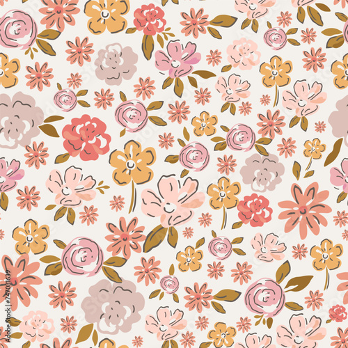 Delicate watercolor seamless pattern depicting pink, red and orange wildflowers on a light background.
