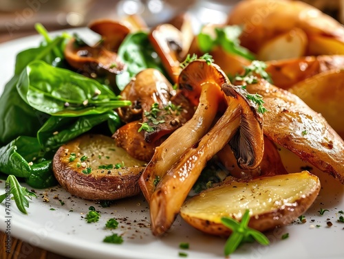 Roasted boletus, Fried ceps, porcini mushrooms with baked potatoes and greens on restaurant plate