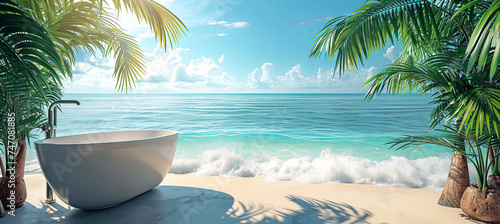 Bathtub on the tropical beach background, palm trees, vacation time 