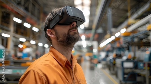 engineer wearing VR headset standing in a factory, illustration, Generative, AI