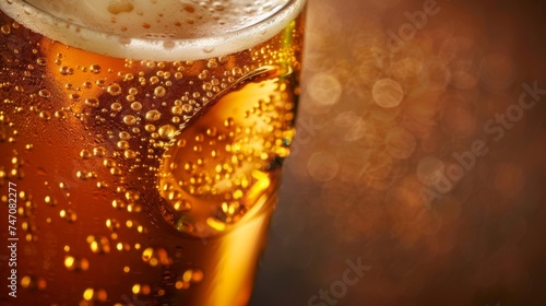 A closeup glass of beer. Yellow liquid with bubbles and foam in a glass.