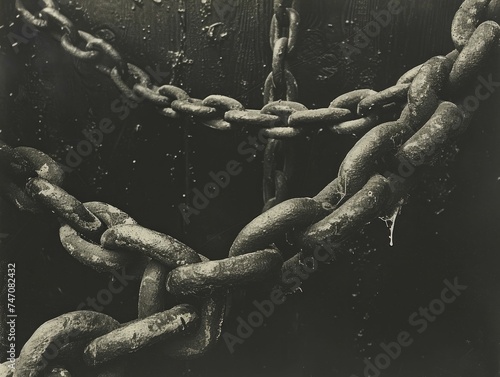 Frayed ropes and chains depict the harsh textures of industrial labor.