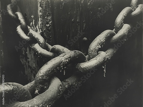 Frayed ropes and chains, essential textures in industrial labor narrative, showcase coarseness and cold, hard links.