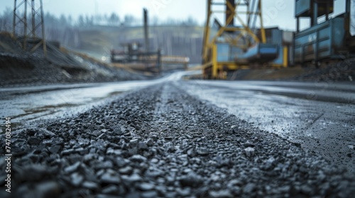 The industrial landscape's underfoot texture conveys heavy loads and traffic through gravel roads and surfaces. photo
