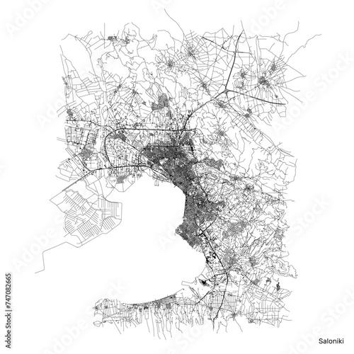 Thessaloniki city map with roads and streets, Greece. Vector outline illustration.