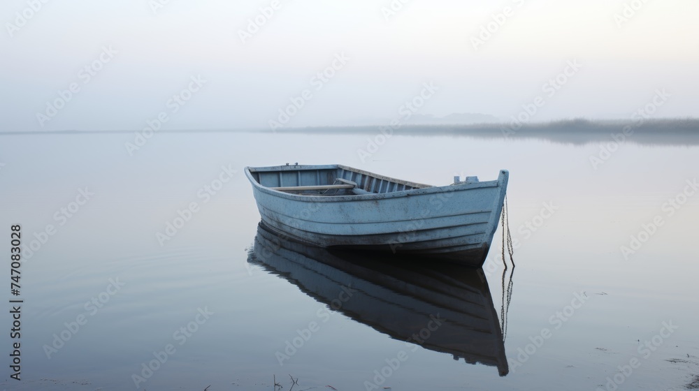 Misty morning lake scene with solitary boat silhouette on calm water surface at dawn