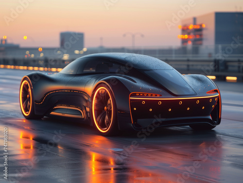 Futuristic electric car on an empty wide city highway